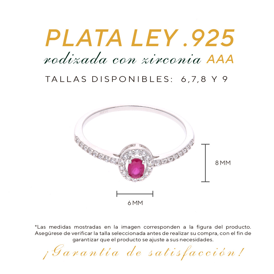 Anillo Plata Ley 925 con Rodio y Zirconia AAA Color Rojo Rubí y Blanco