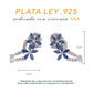 Aretes Plata Ley 925 con Rodio y Zirconia AAA Color Azul Zafiro y Blanco en Forma de Dos Flores