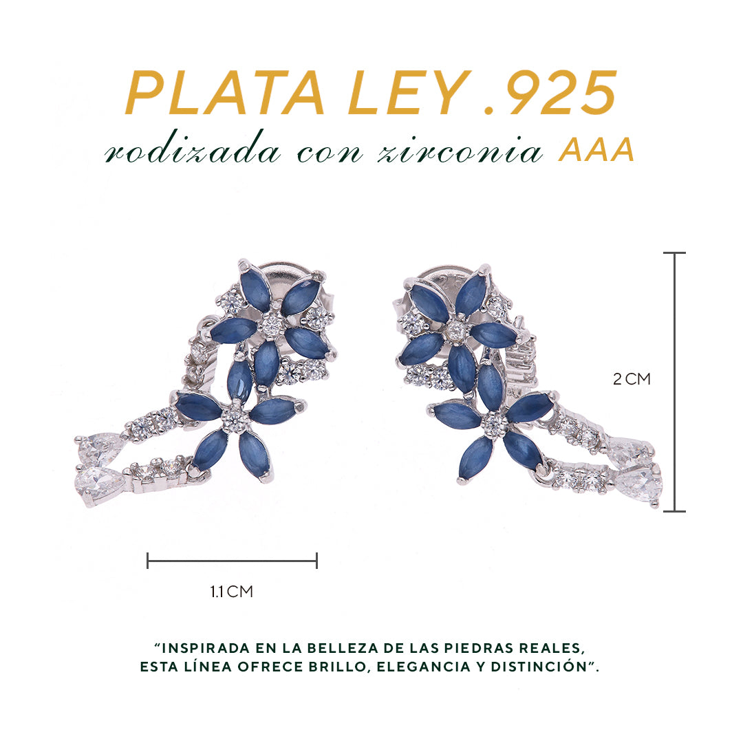 Aretes Plata Ley 925 con Rodio y Zirconia AAA Color Azul Zafiro y Blanco en Forma de Dos Flores