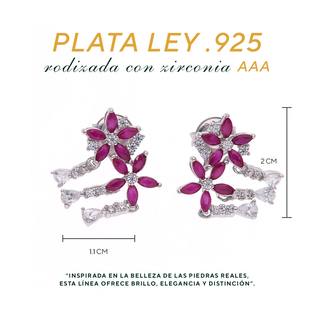 Aretes Plata Ley 925 con Rodio y Zirconia AAA Color Rojo Rubí y Blanco en Forma de Dos Flores