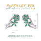 Aretes Plata Ley 925 con Rodio y Zirconia AAA Color Verde Esmeralda y Blanco en Forma de Dos Flores