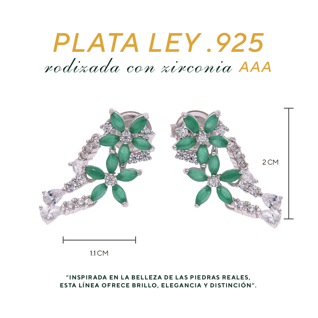 Aretes Plata Ley 925 con Rodio y Zirconia AAA Color Verde Esmeralda y Blanco en Forma de Dos Flores