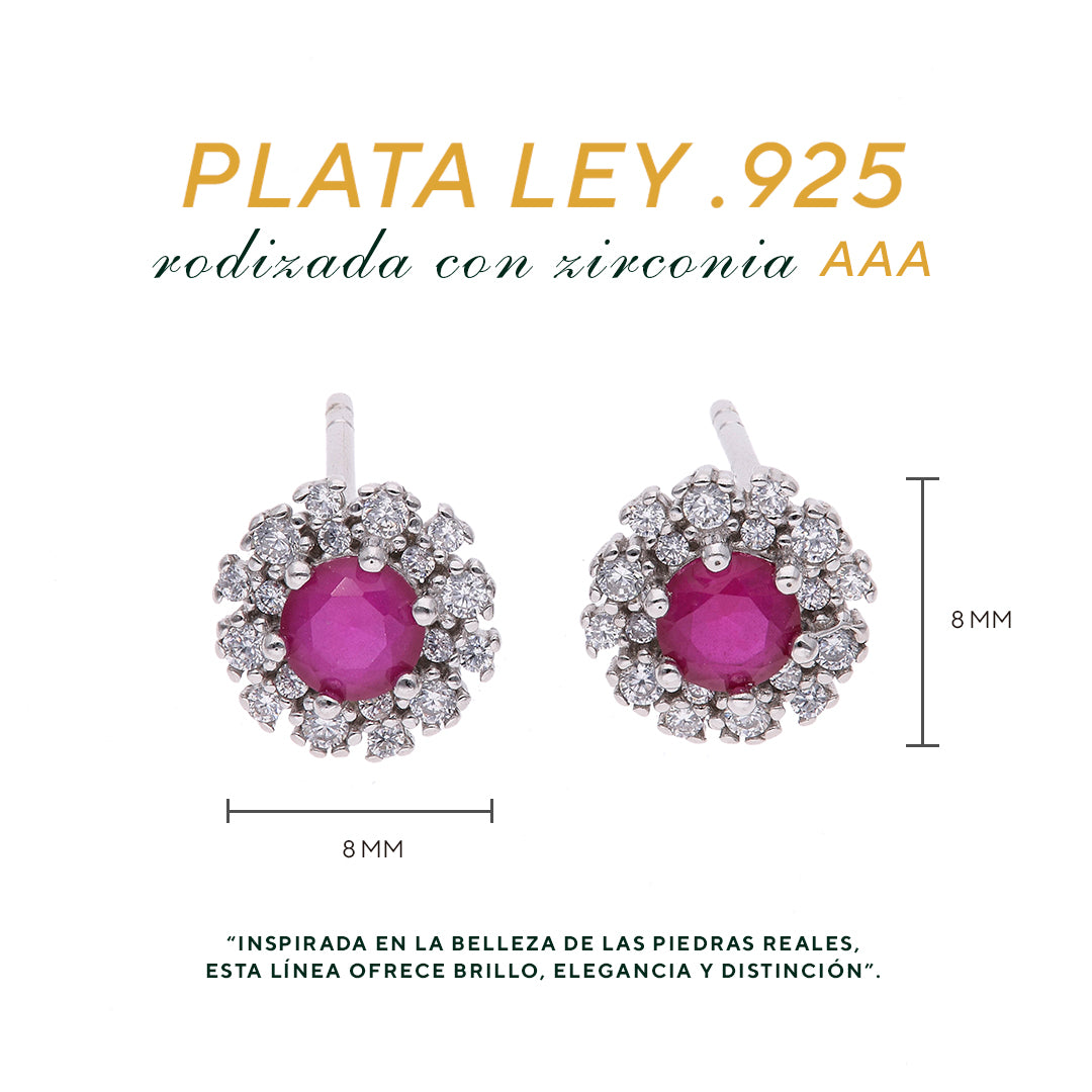 Broquel Plata Ley 925 con Rodio y Zirconia AAA Color Rojo Rubí y Blanco