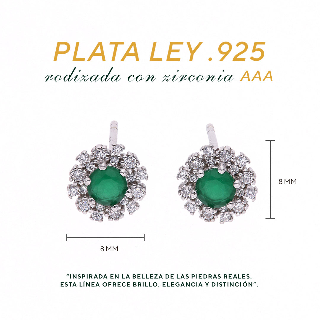 Broquel Plata Ley 925 con Rodio y Zirconia AAA Color Verde Esmeralda y Blanco Redondo