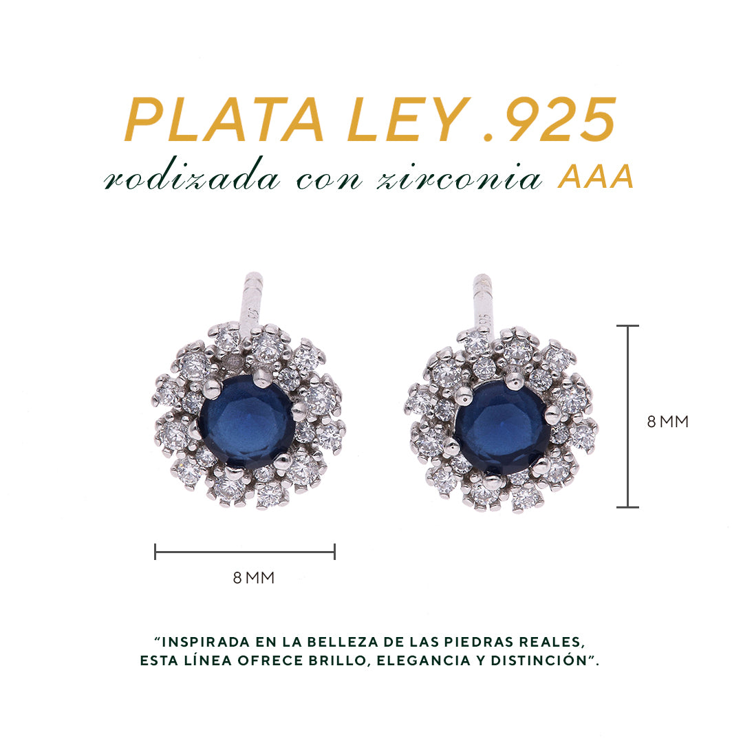 Broquel Plata Ley 925 con Rodio y Zirconia AAA Color Azul Zafiro y Blanco Redondo