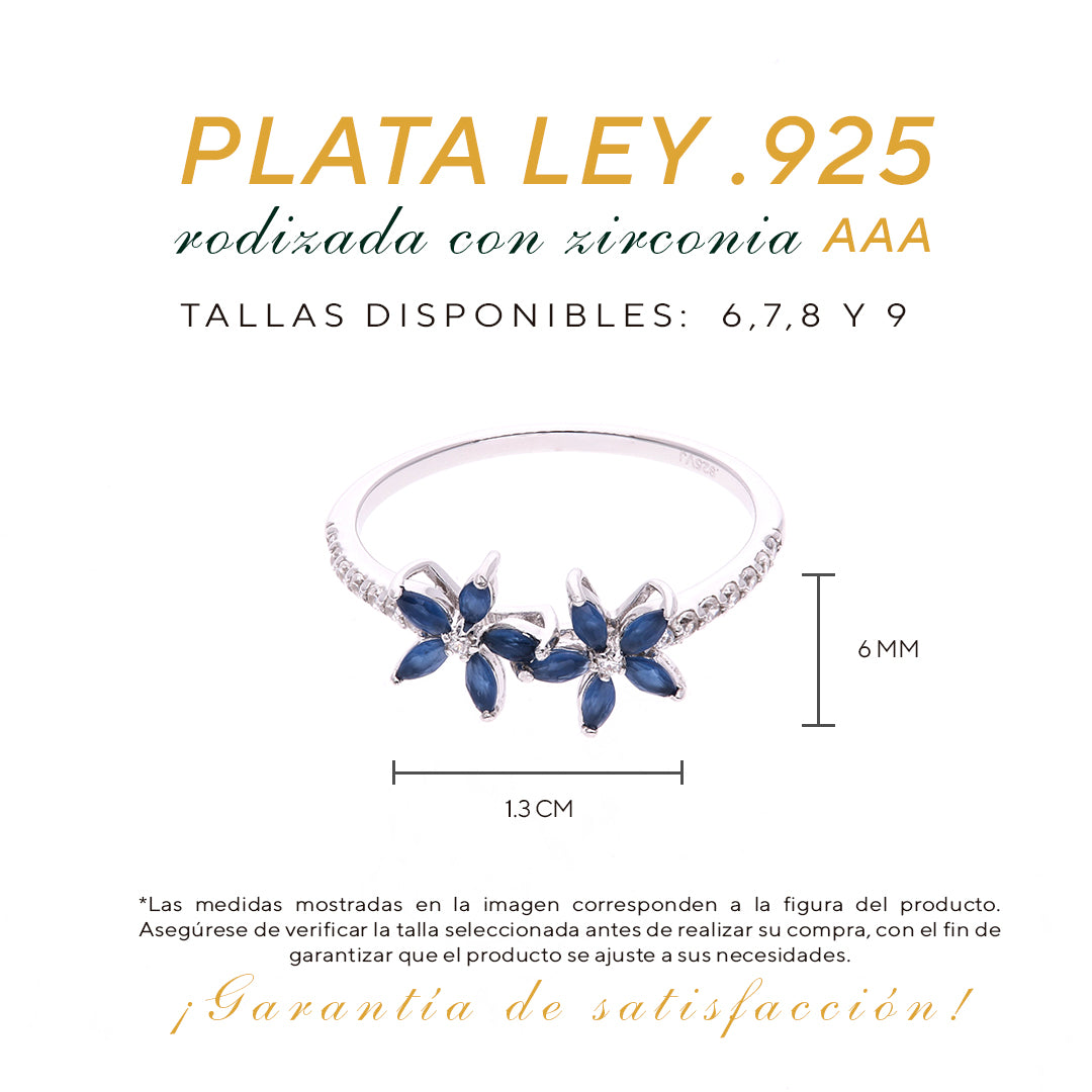Anillo Plata Ley 925 con Rodio y Zirconia AAA Color Azul Zafiro y Blanco en Forma de Dos Flores
