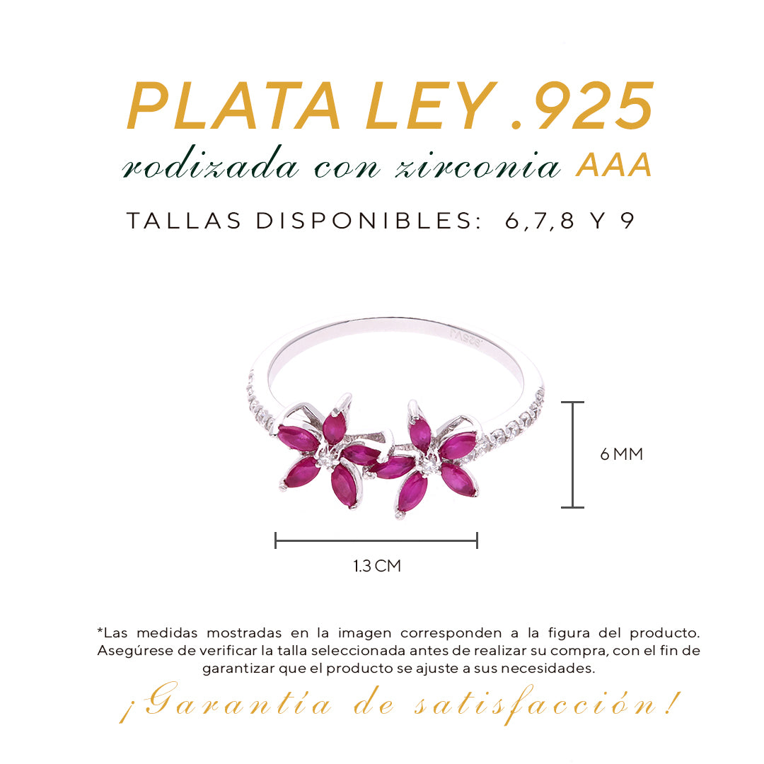 Anillo Plata Ley 925 con Rodio y Zirconia AAA Color Rojo Rubí y Blanco en Forma de Dos Flores