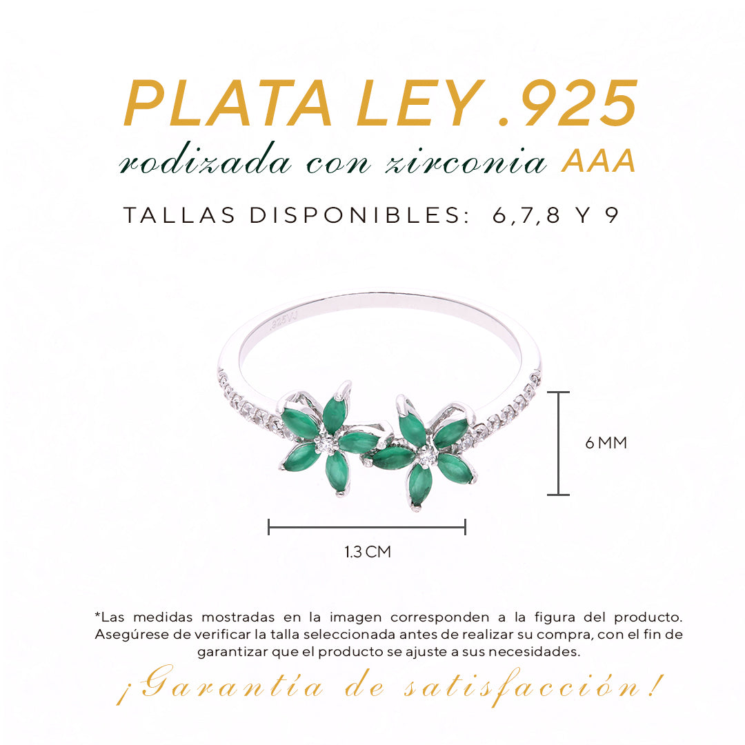 Anillo Plata Ley 925 con Rodio y Zirconia AAA Color Verde Esmeralda y Blanco en Forma de Dos Flores