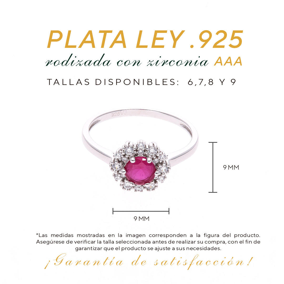 Anillo Plata Ley 925 con Rodio y Zirconia AAA Color Rojo Rubí y Blanco