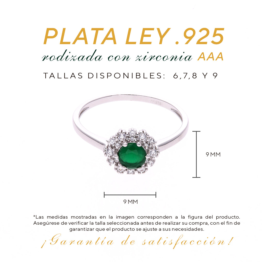 Anillo Plata Ley 925 con Rodio y Zirconia AAA Color Verde Esmeralda y Blanco Redondo