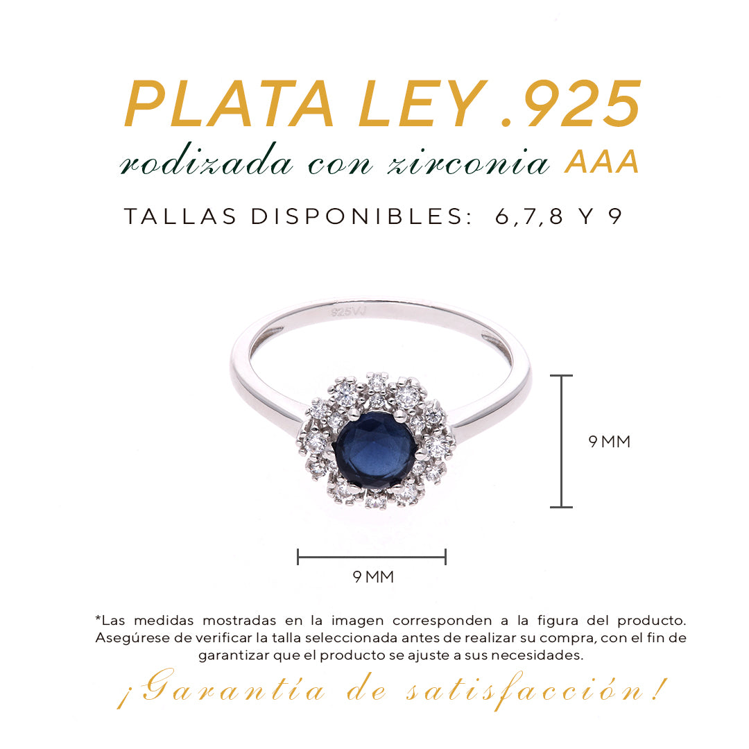 ANILLO  EN PLATA LEY .925, CON RODIO , ZIRCONIA AAA   AZUL ZAFIRO Y BLANCO, REDONDO