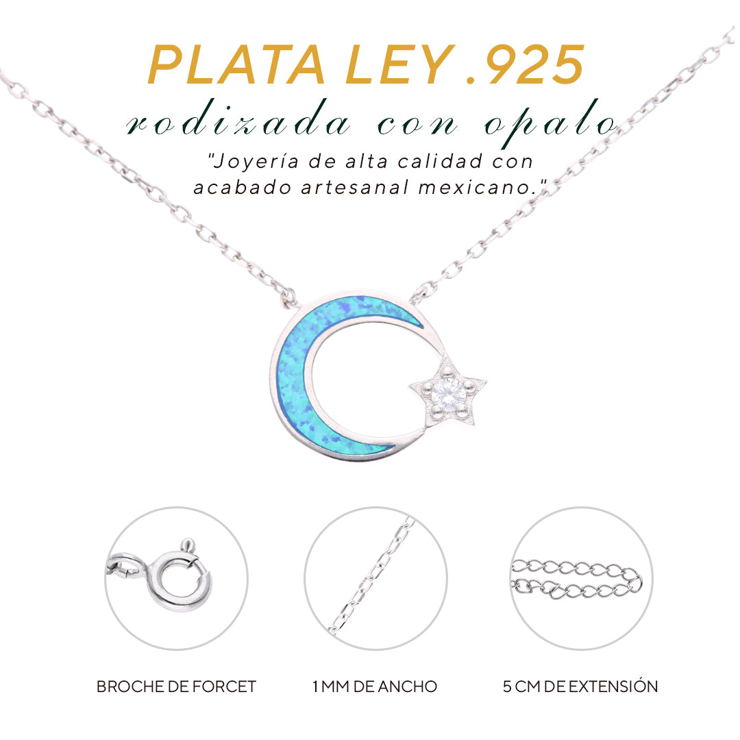 Collar Media Luna con Estrella de Ópalo en Plata .925