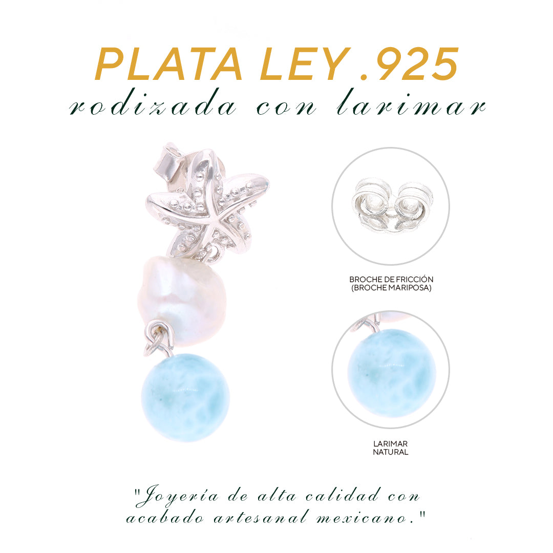 Aretes Perla y Larimar en Plata.925