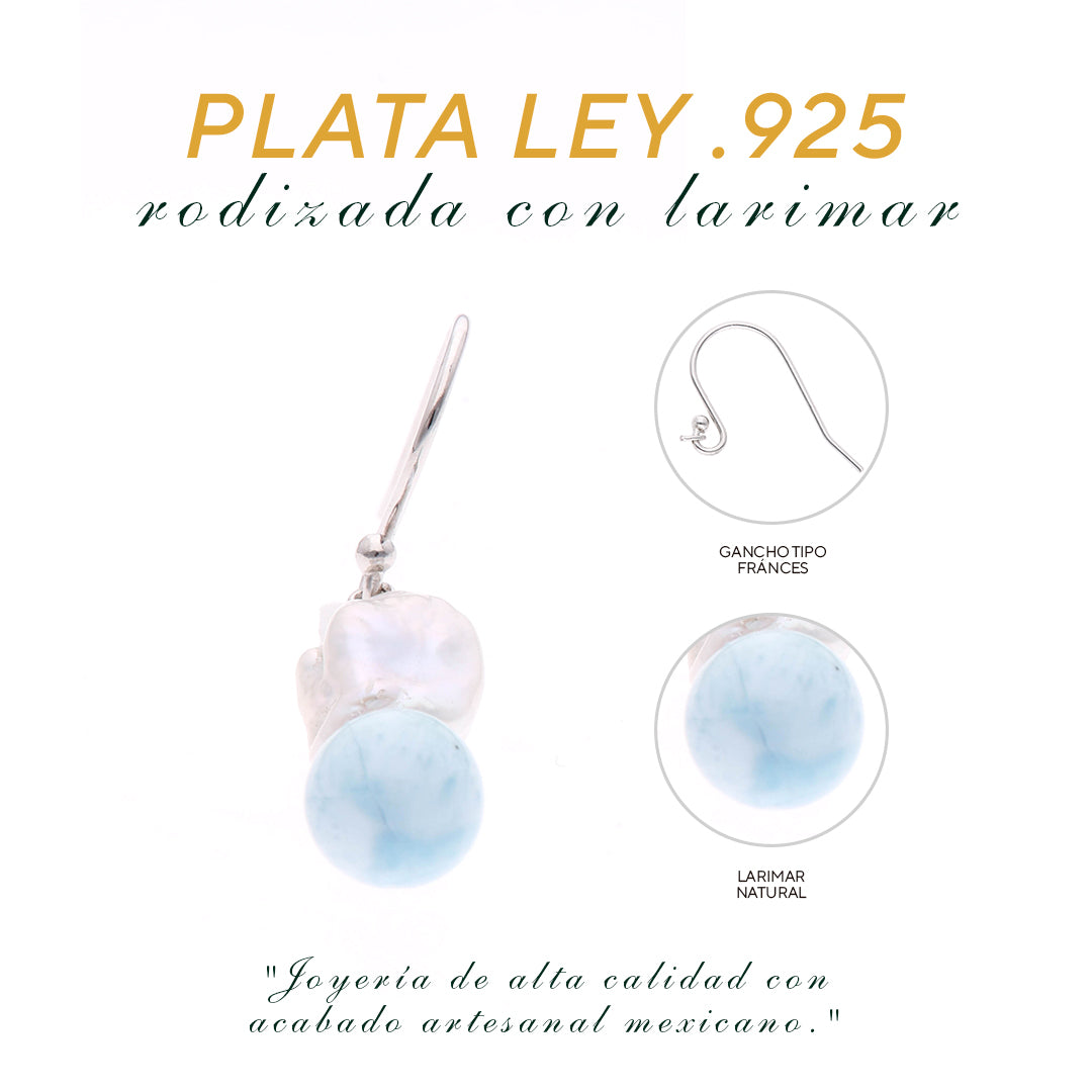 Arete Colgante Perla y Larimar en Plata.925