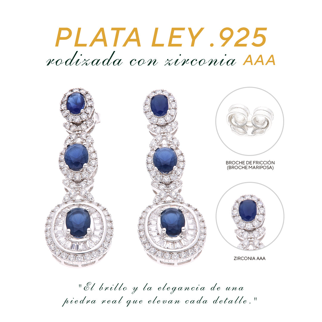 Aretes Plata Ley 925 con Rodio y Zirconia AAA Color Azul Zafiro y Blanco Ovalado