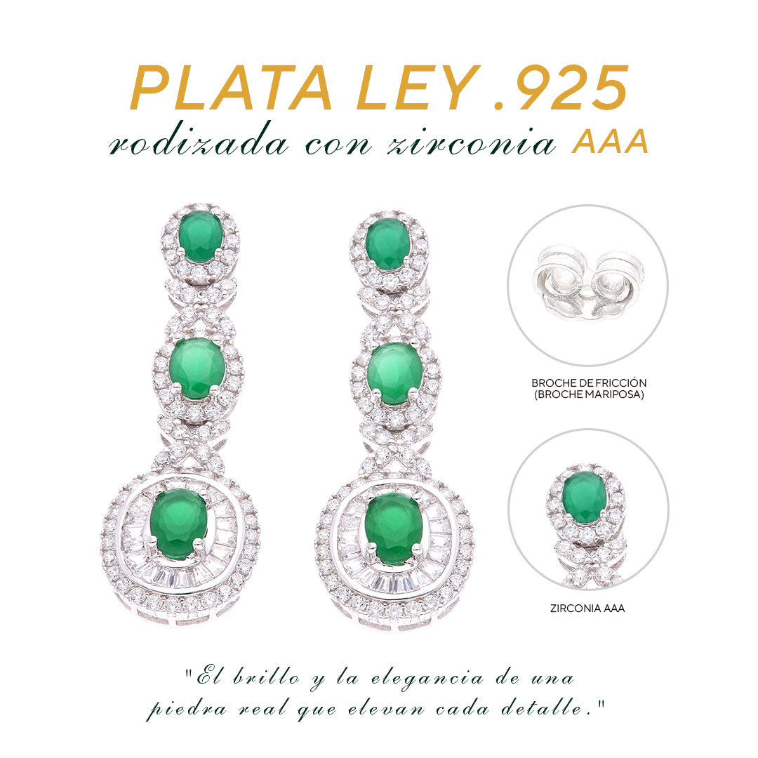 Aretes Plata Ley 925 con Rodio y Zirconia AAA Color Verde Esmeralda y Blanco Ovalado