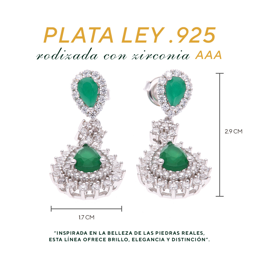 ARETES EN PLATA LEY .925, CON RODIO , ZIRCONIA AAA VERDE ESMERALDA Y BLANCO
