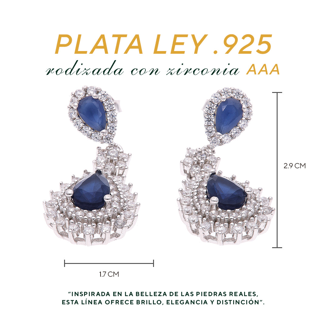 ARETES EN PLATA LEY .925, CON RODIO , ZIRCONIA AAA AZUL ZAFIRO Y BLANCO , REDONDO