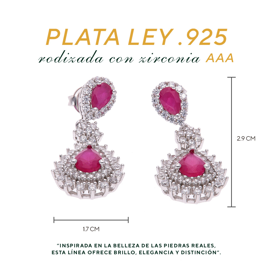 ARETES EN PLATA LEY .925, CON RODIO , ZIRCONIA AAA ROJO RUBI Y BLANCO