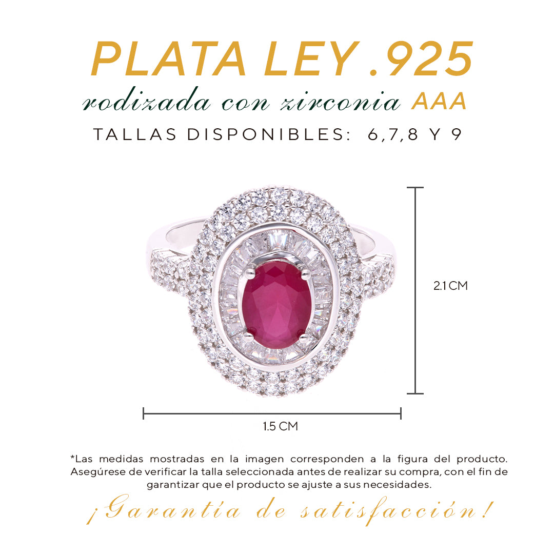 Anillo Plata Ley.925 con Rodio y Zirconia AAA Color Rojo Rubí y Blanco Ovalado