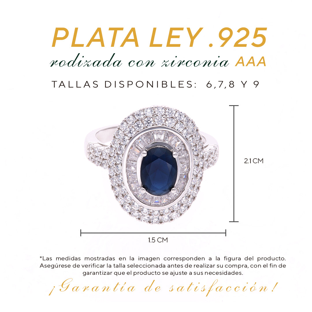 Anillo Plata Ley 925 con Rodio y Zirconia AAA Color Azul Zafiro y Blanco Ovalado