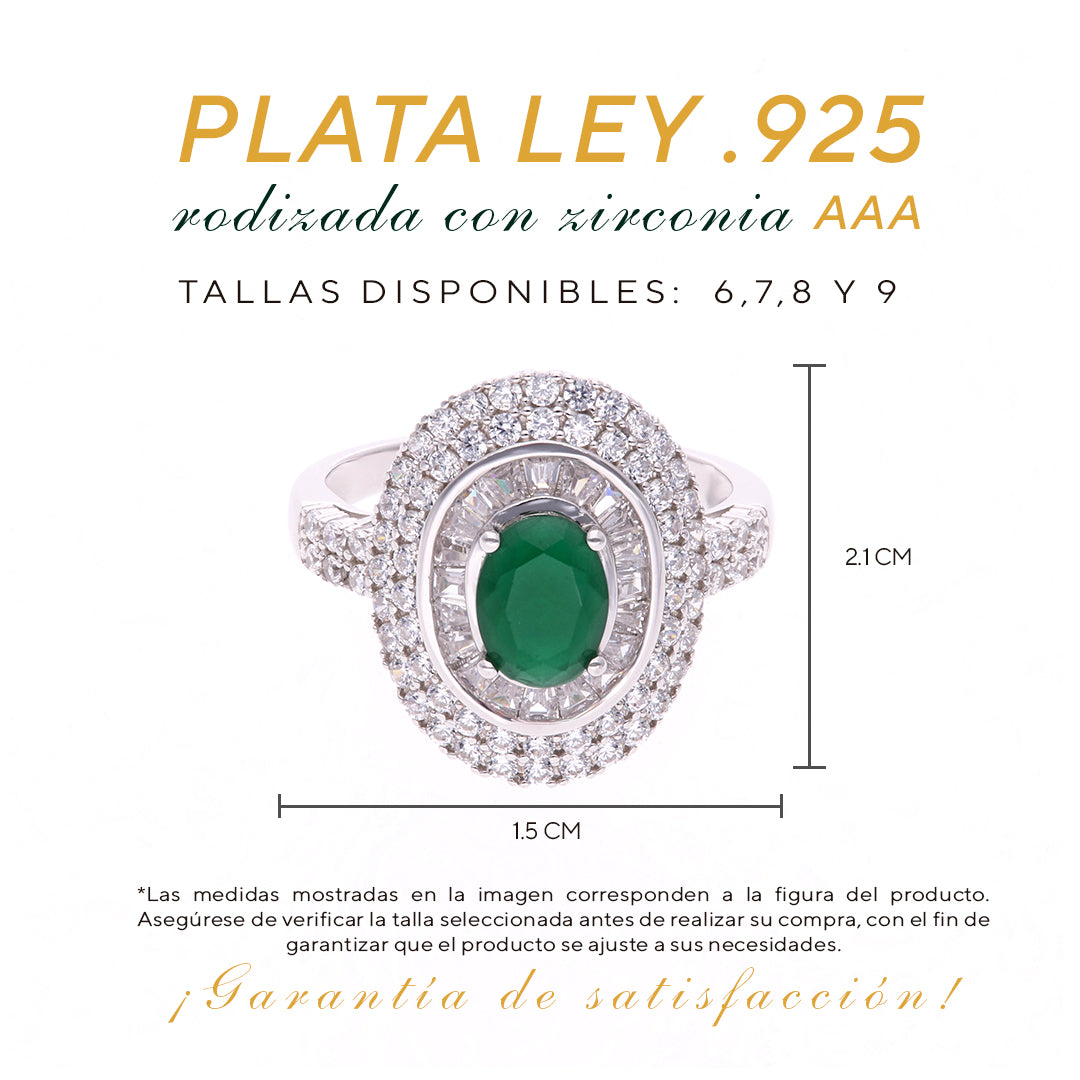 Anillo Plata Ley 925 con Rodio y Zirconia AAA Color Verde Esmeralda y Blanco Ovalado