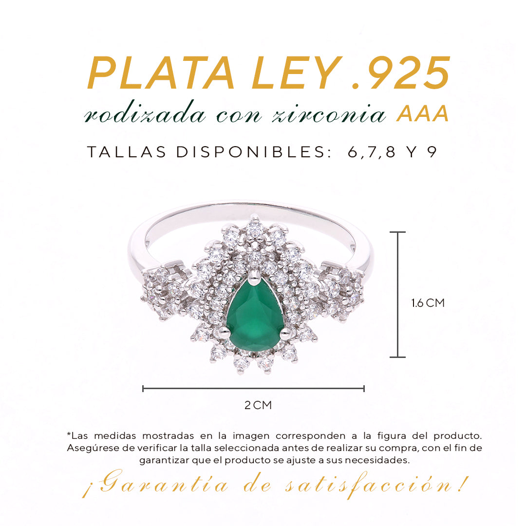 ANILLO EN PLATA LEY .925, CON RODIO , ZIRCONIA AAA VERDE ESMERALDA Y BLANCO