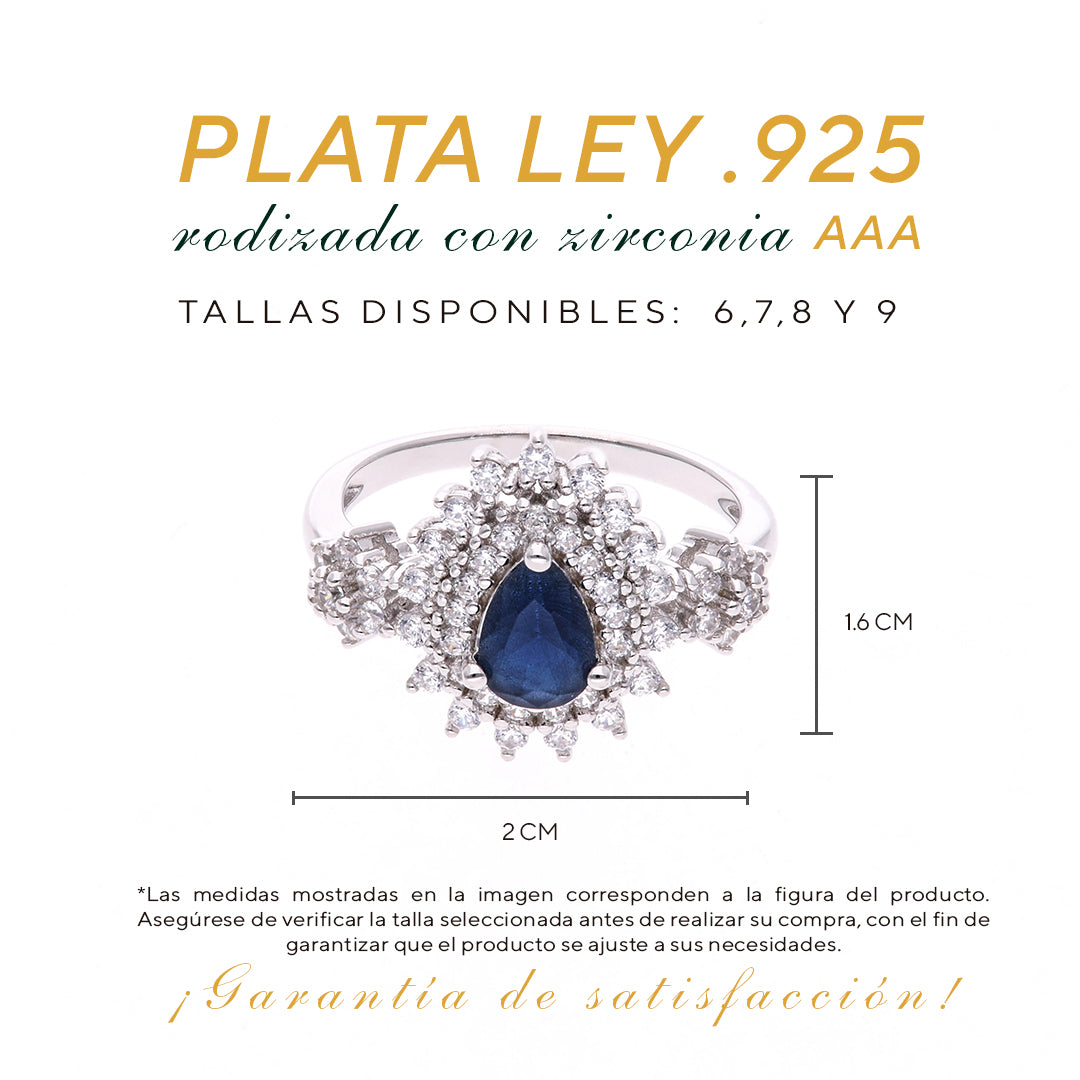 Anillo Plata Ley 925 con Rodio y Zirconia AAA Color Azul Zafiro y Blanco