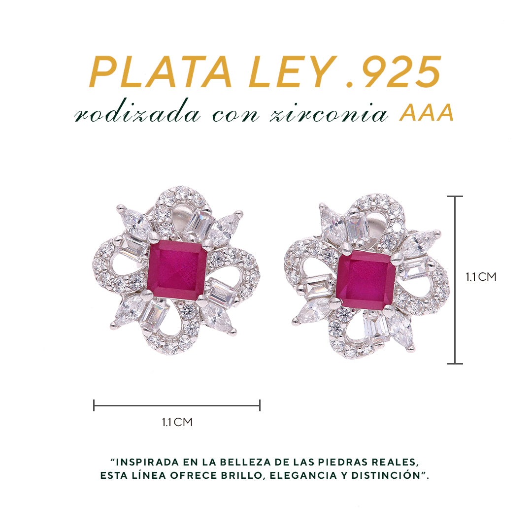 BROQUEL EN PLATA LEY .925, CON RODIO , ZIRCONIA AAA ROJO RUBI Y BLANCO
