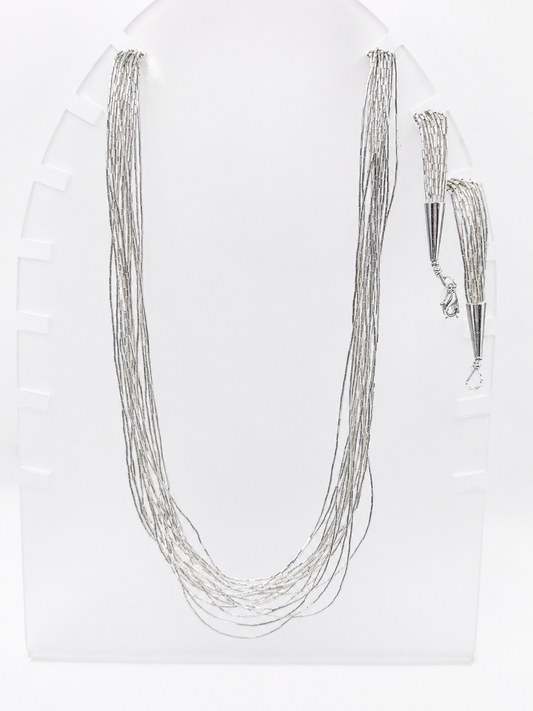 Set Collar y Pulsera de Plata .925 - Multihilo Cascada de Veinte Hilos plata liquida Ultrafina con Terminales Cónicos