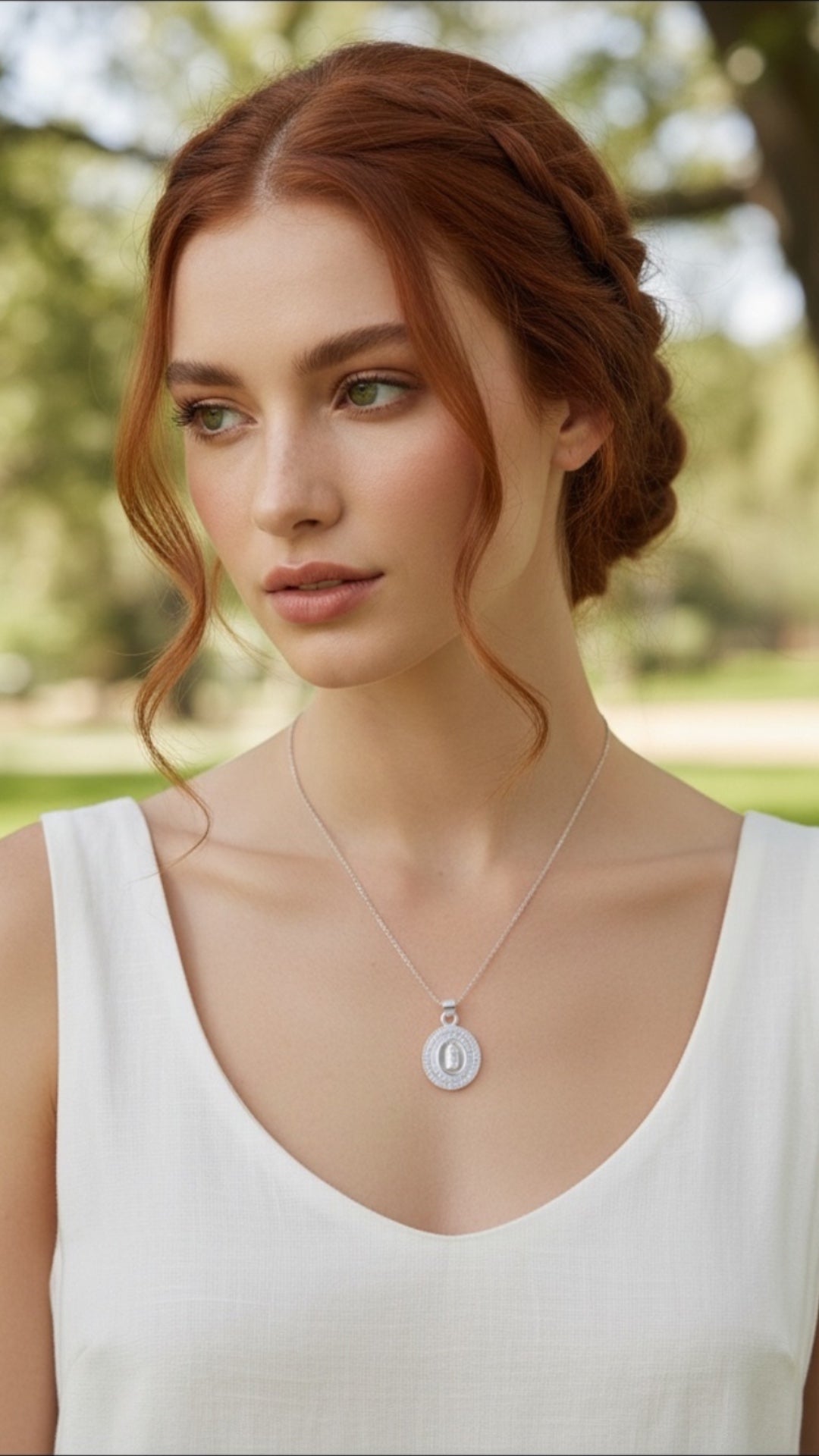 Modelo usando la medalla Virgen de Guadalupe chica en plata .925 con cadena fina