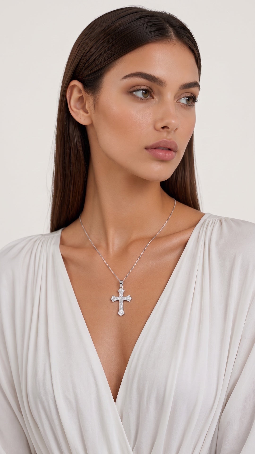 Modelo usando el dije Cruz Gótica en plata .925 con cadena fina