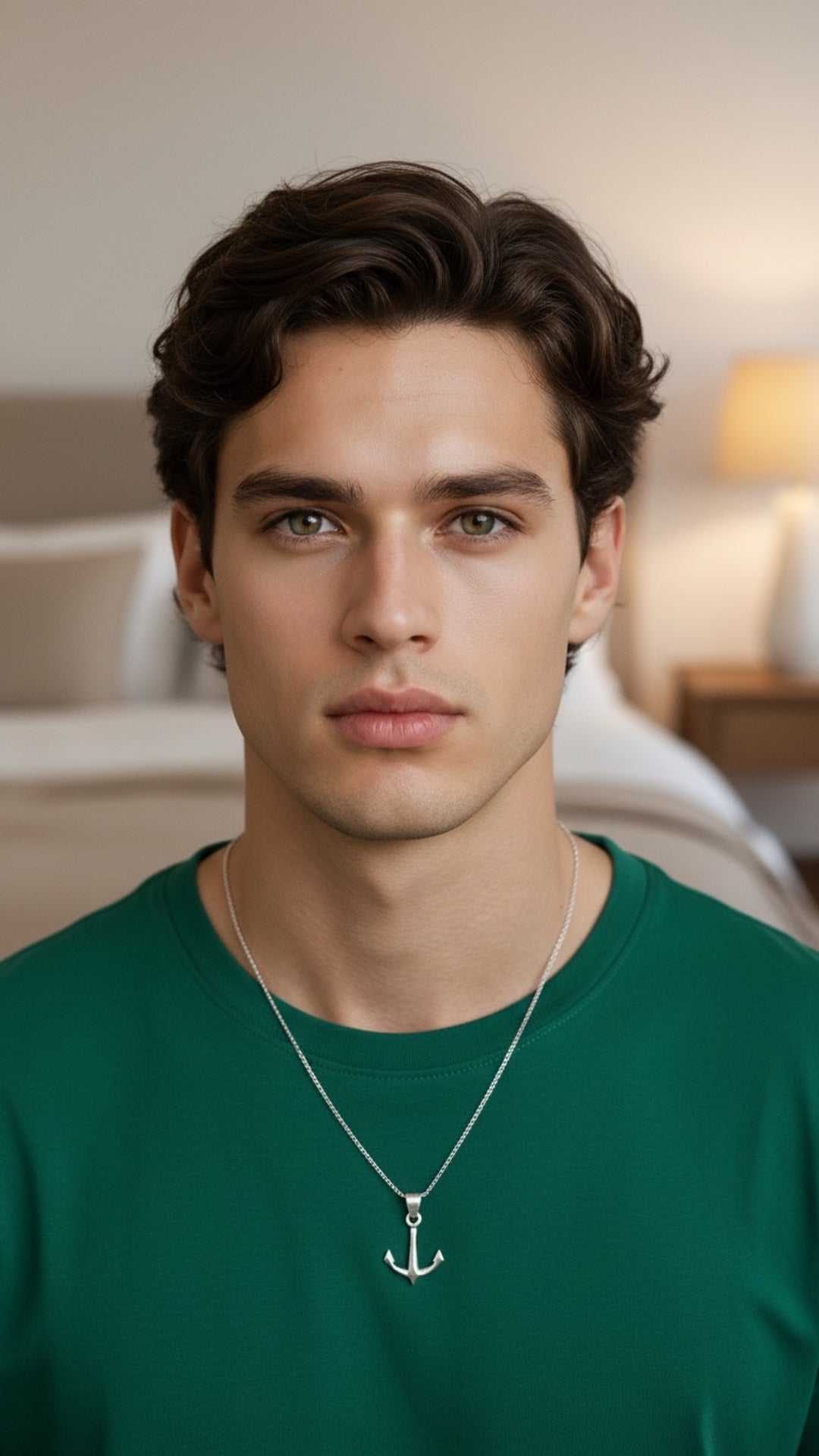 Modelo masculino usando el dije Ancla Marina en plata .925 con cadena fina