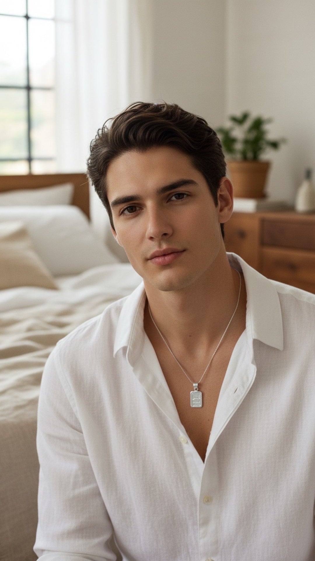 Modelo masculino usando el dije Placa Hecho en México en plata .925 con cadena fina
