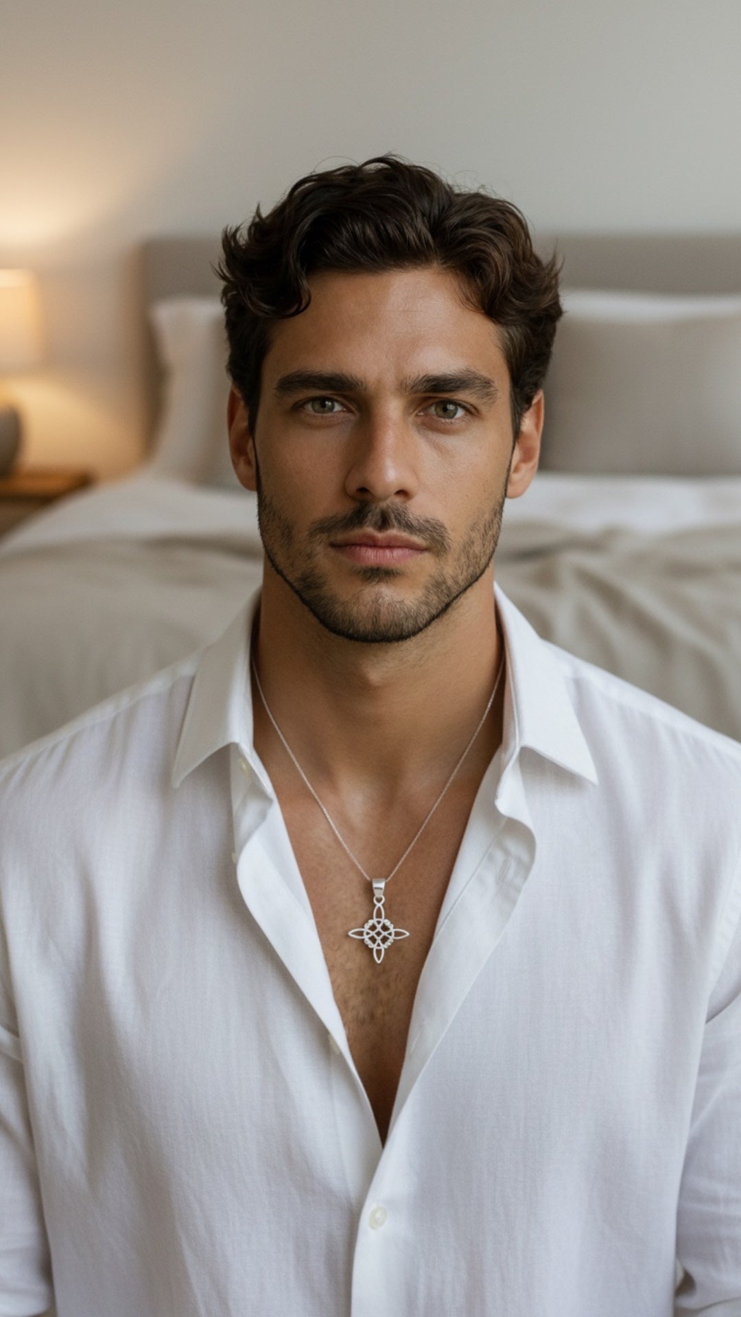Modelo masculino portando dije nudo celta de plata .925 en collar fino