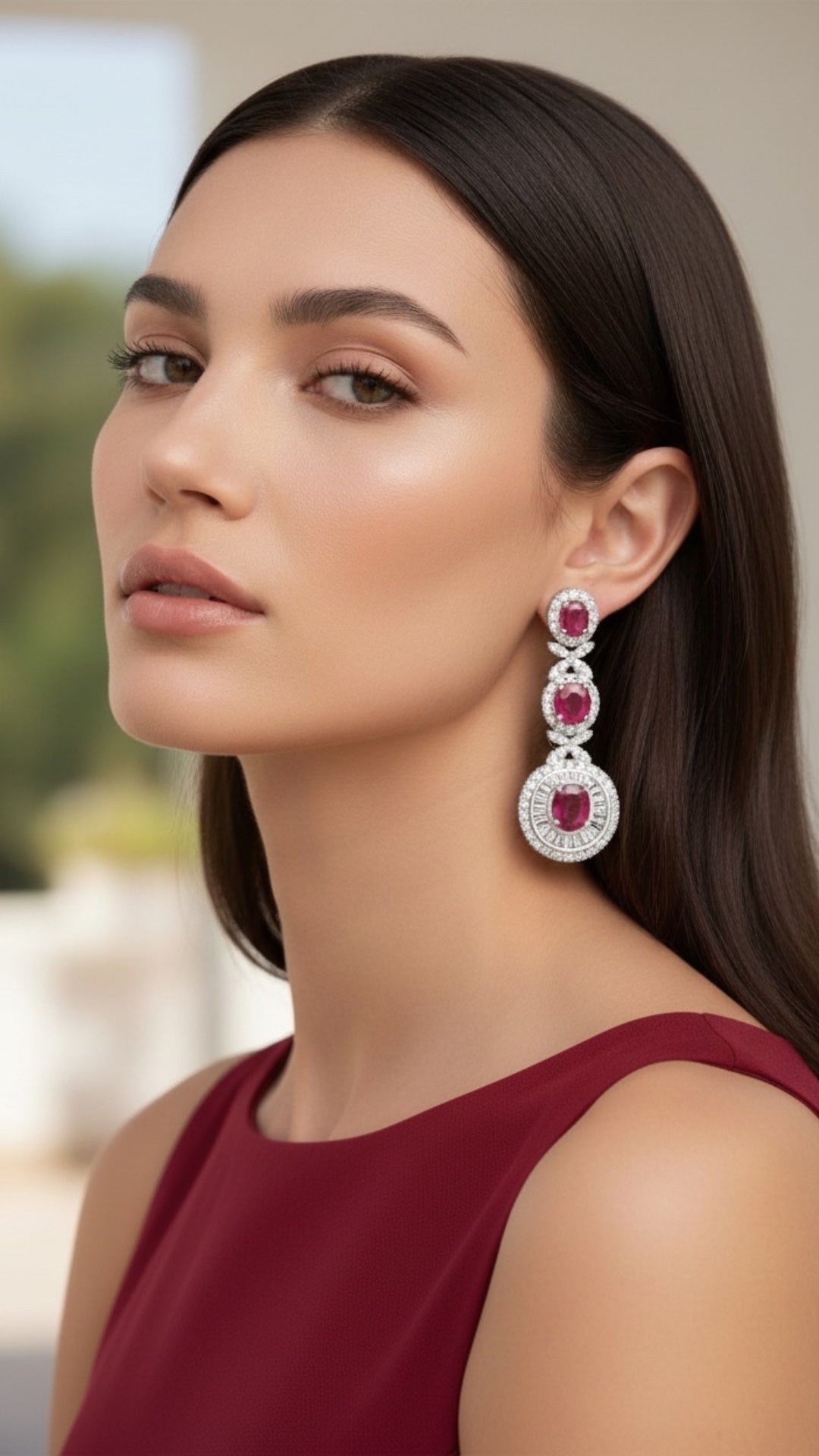 Aretes Plata Ley 925 con Rodio y Zirconia AAA Color Rojo Rubí y Blanco Ovalado