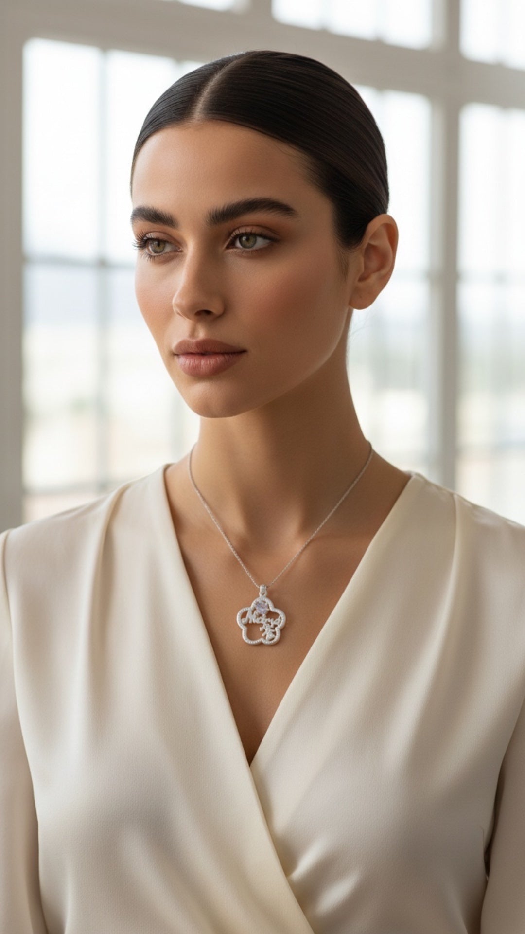 Dije “Mamá” Flor Calada con Zircón — Plata .925