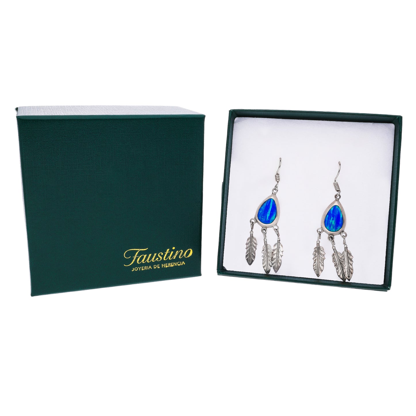 Aretes Gota de Ópalo Azul con Plumas — Plata Esterlina .925