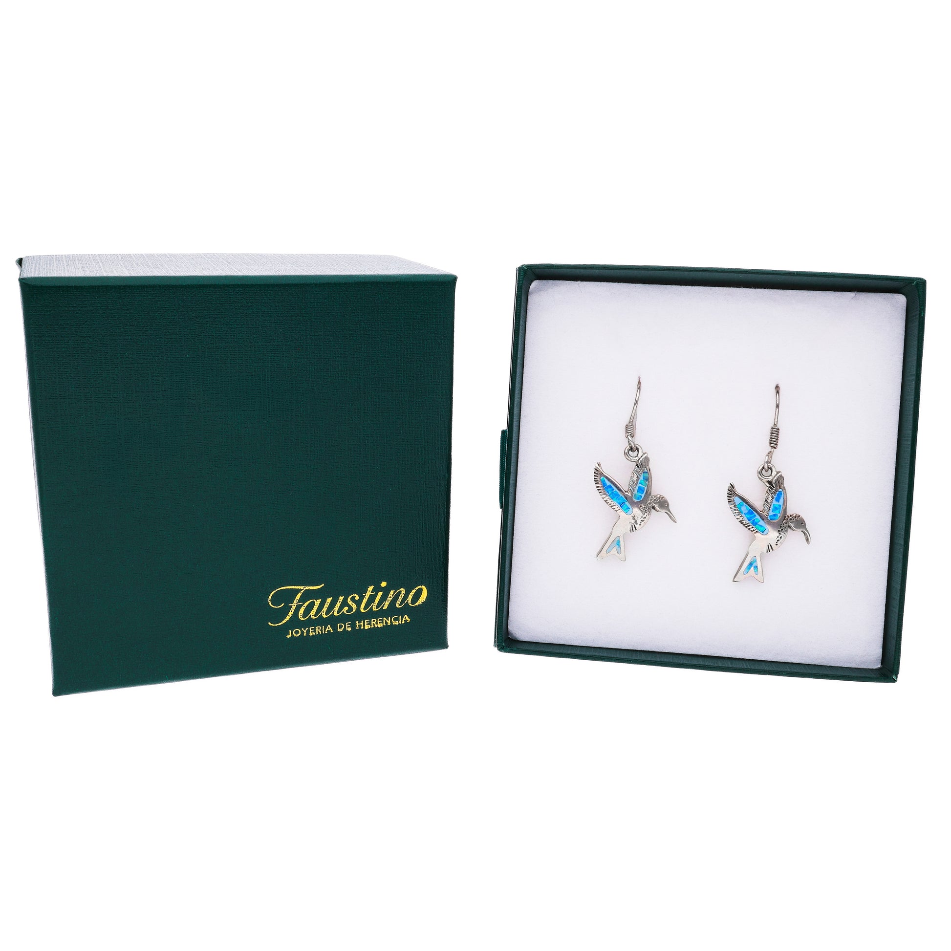 Par de aretes Colibrí con ópalo azul-turquesa en caja Faustino Joyería de Herencia