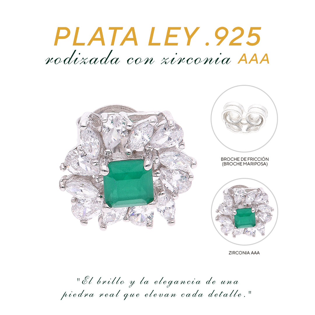 BROQUEL EN PLATA LEY .925, CON RODIO , ZIRCONIA AAA VERDE ESMERALDA Y BLANCO