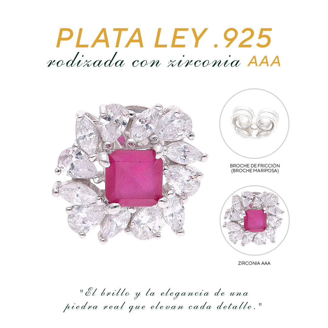 BROQUEL EN PLATA LEY .925, CON RODIO , ZIRCONIA AAA ROJO RUBI Y BLANCO