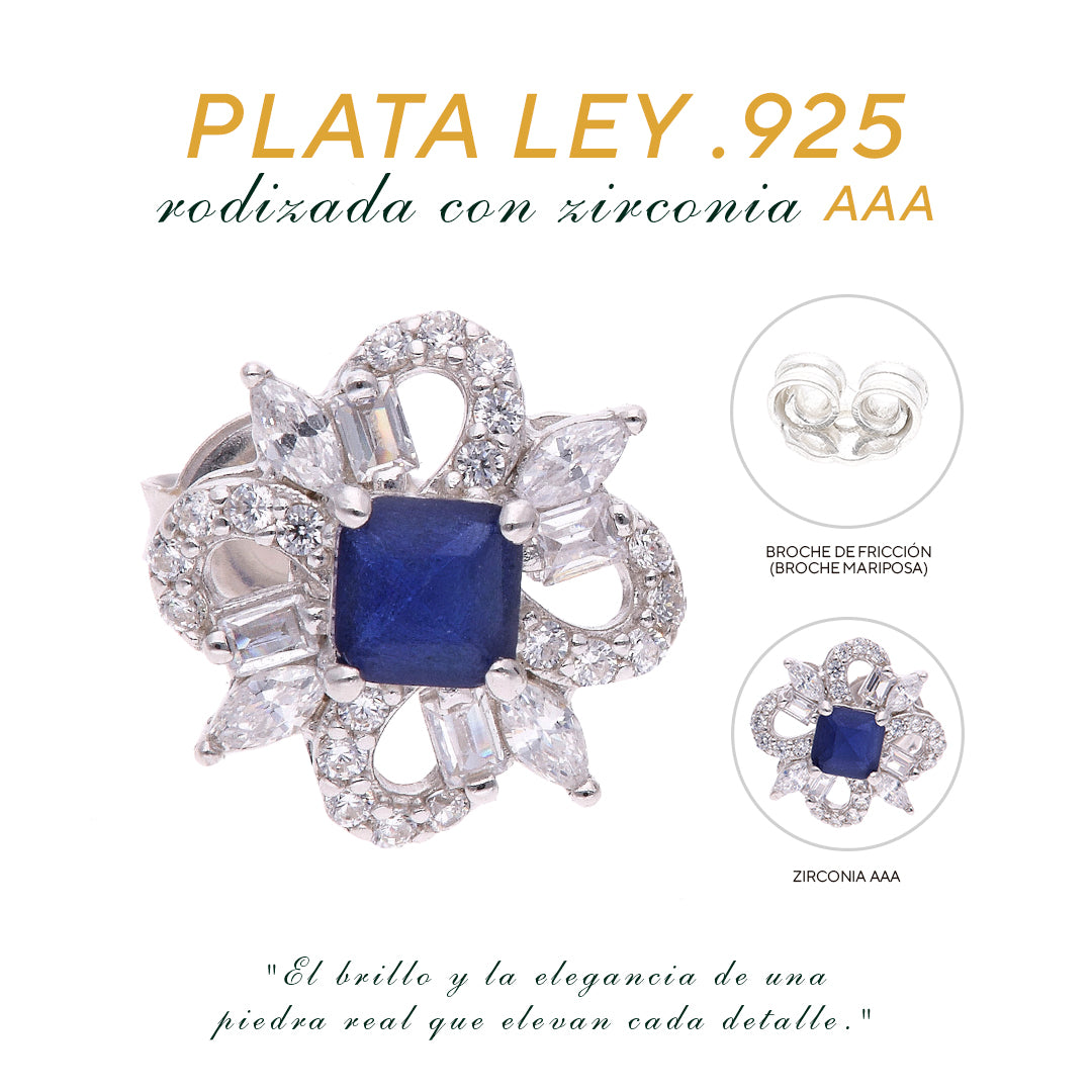 BROQUEL  EN PLATA LEY .925, CON RODIO ,  ZIRCONIA  AAA  AZUL ZAFIRO Y BLANCO   , REDONDO