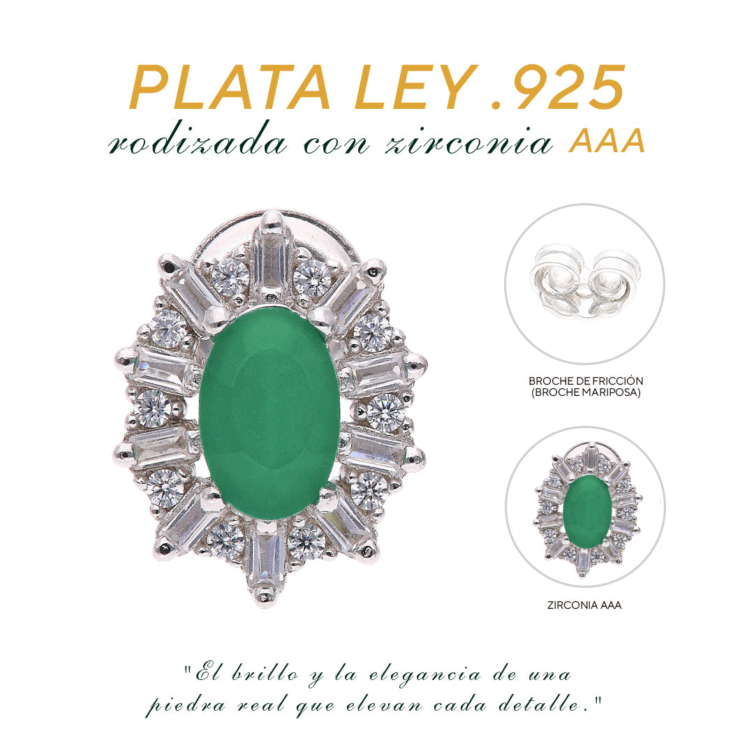 Broquel Plata Ley 925 con Rodio y Zirconia AAA Color Verde Esmeralda y Blanco Ovalado