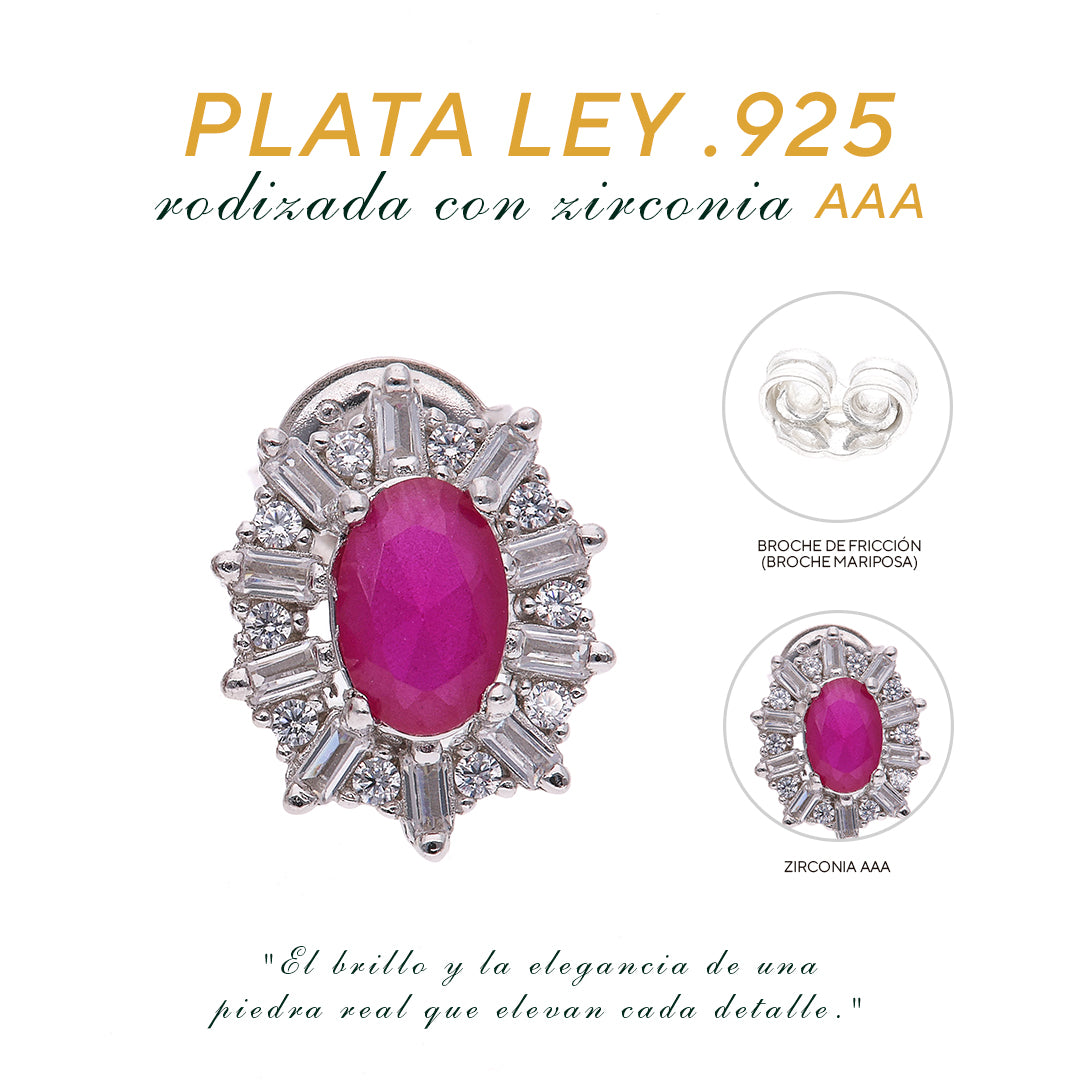 Broquel Plata Ley 925 con Rodio y Zirconia AAA Color Rojo Rubí y Blanco Ovalado