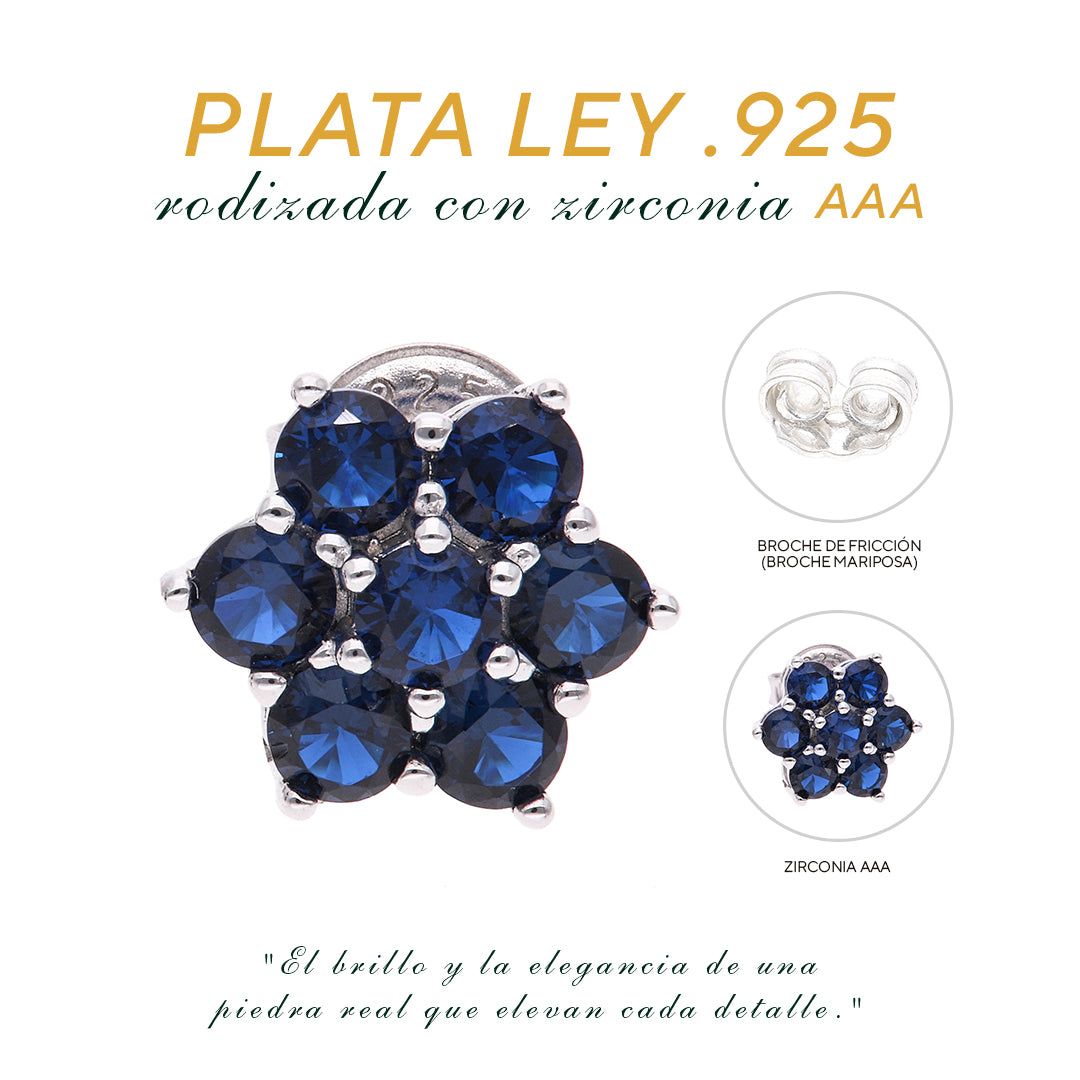 ARETES EN PLATA LEY .925, CON RODIO , ZIRCONIA AAA AZUL ZAFIRO Y BLANCO  , EN FORMA DE FLOR