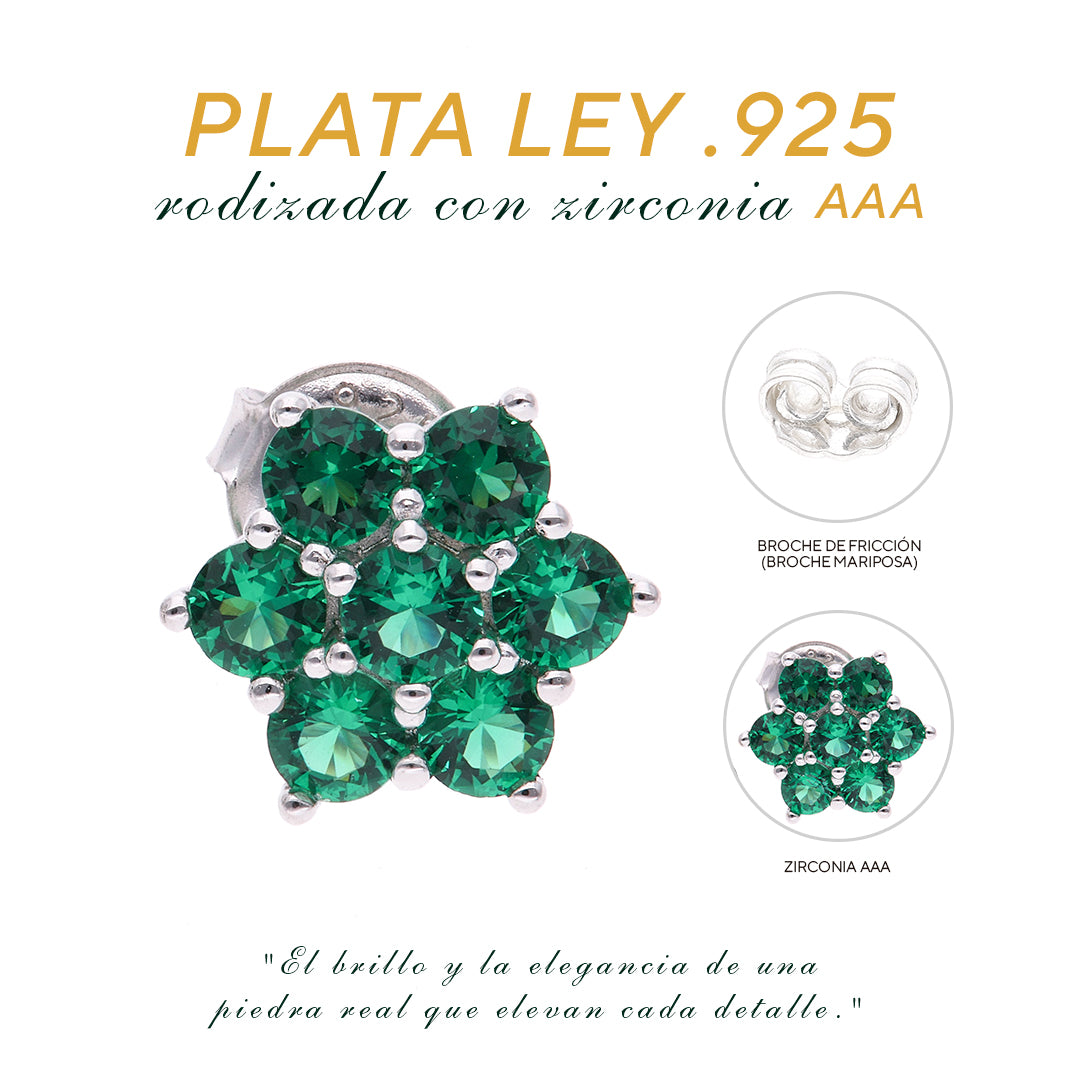 BROQUEL EN PLATA LEY .925, CON RODIO ,  ZIRCONIA AAA  VERDE ESMERALDA Y BLANCO