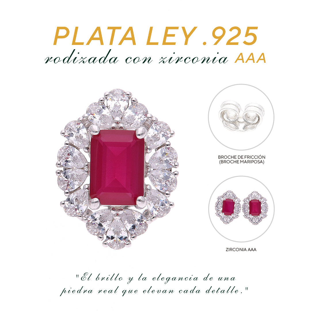Broquel Plata Ley 925 con Rodio y Zirconia AAA Color Rojo Rubí y Blanco
