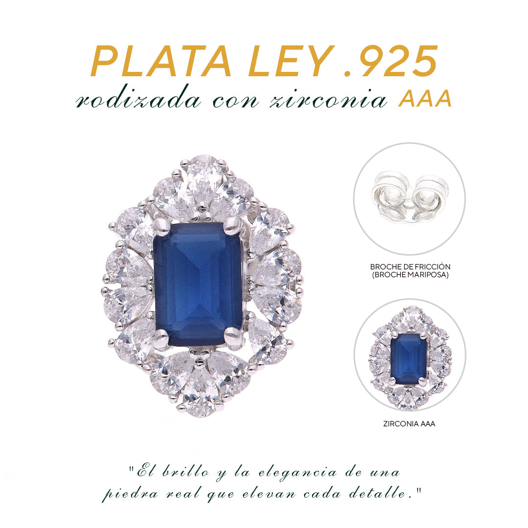 BROQUELES EN PLATA LEY .925, CON RODIO , ZIRCONIA AAA AZUL ZAFIRO Y BLANCO