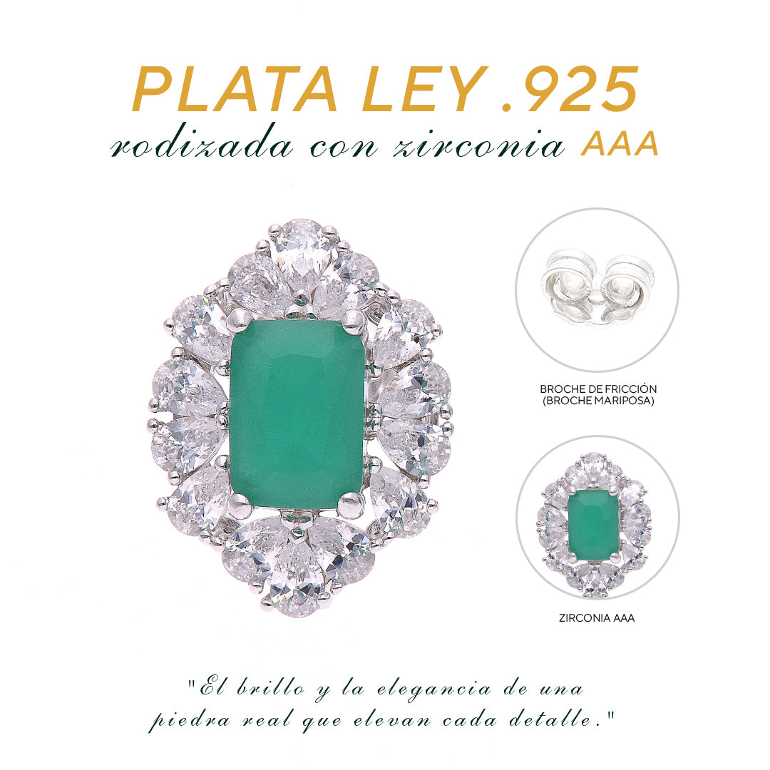 Broquel Plata Ley 925 con Rodio y Zirconia AAA Color Verde Esmeralda y Blanco