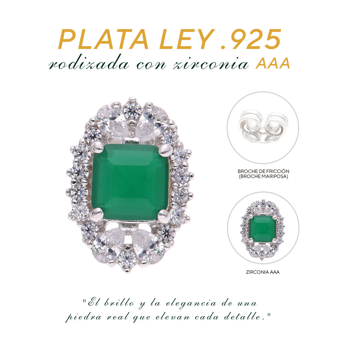 BROQUEL  EN PLATA LEY .925, CON RODIO ,  ZIRCONIA AAA  VERDE ESMERALDA Y BLANCO